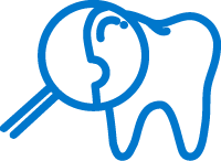 A magnifying glass icon over a blue tooth representing a dental examination or screening