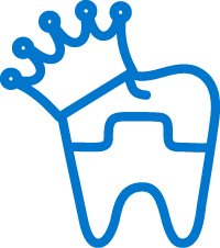A dynamic blue icon depicting a healthy tooth with a gold crown, signifying dental restoration