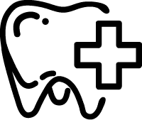 A modern black icon of a tooth with a dental cross overlay